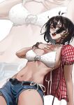  1girl absurdres antenna_hair black_hair bra breasts colored_inner_hair commentary cosplay denim denim_shorts earrings english_commentary female_rover_(wuthering_waves) fingernails hair_ornament hair_ribbon hairclip hand_on_own_chest highres jewelry kwon_eun-bi kwon_eun-bi_(cosplay) large_breasts leppib looking_at_viewer multicolored_hair nail_polish navel open_clothes open_mouth open_shirt parallel_hairclips red_shirt ribbon rover_(wuthering_waves) shirt short_hair shorts solo stomach triangle_earrings underwear white_bra white_nails wuthering_waves yellow_eyes yellow_ribbon zoom_layer 
