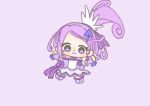  1girl boots bow brooch chibi choker closed_mouth cure_sword curly_hair dokidoki!_precure dot_nose dress dress_bow earrings eyelashes eyes_visible_through_hair hair_ornament hair_ribbon hairclip happy heart heart_brooch high_side_ponytail ichigo_usuhana jewelry kenzaki_makoto knee_boots light_blush looking_at_viewer magical_girl medium_hair outstretched_arms petticoat ponytail precure purple_arm_warmers purple_background purple_boots purple_bow purple_brooch purple_choker purple_dress purple_eyes purple_hair purple_ribbon purple_theme ribbon short_dress short_ponytail short_sleeves simple_background smile solo spade_(shape) spade_earrings spade_hair_ornament swept_bangs tareme white_sleeves wrist_bow 