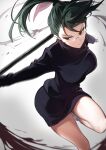  1girl absurdres bangs blood breasts eyelashes feet_out_of_frame floating_hair frown glasses green_hair grey_background highres jujutsu_kaisen long_hair long_sleeves looking_away looking_down marse_(rokudaime) miniskirt motion_blur outstretched_arms pencil_skirt polearm ponytail rimless_eyewear school_uniform sideways_glance skirt skirt_set socks solo standing standing_on_one_leg unaligned_breasts weapon white_legwear zen&#039;in_maki 