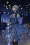  1girl ahoge armor artoria_pendragon_(fate) back_bow black_pantyhose black_sky blonde_hair blue_bow blue_bowtie blue_dress blue_sky bow bowtie braid breasts building buttons cleavage_cutout closed_mouth clothing_cutout cowboy_shot dress english_commentary erotipop excalibur_(fate/stay_night) falling_star fate/stay_night fate/unlimited_blade_works fate_(series) floating_clothes floor gradient_sky green_eyes hair_bow hair_bun highres holding holding_sword holding_weapon honkai:_star_rail honkai_(series) in-universe_location juliet_sleeves long_sleeves looking_up medium_breasts night night_sky outdoors pantyhose puffy_sleeves saber_(fate) saber_(honkai:_star_rail)_(fate) short_hair shoulder_armor sidelocks sky smile solo stage_lights standing star_(sky) star_(symbol) starry_sky sword two-tone_dress weapon white_dress 