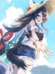  1girl :d animal_ear_fluff animal_ears bare_shoulders ben-day_dots bikini black_hair cloud day denim denim_shorts hair_ornament hat highres hololive holonatsu_paradise long_hair looking_at_viewer looking_back multicolored_hair nabisuko25 official_alternate_costume ookami_mio ookami_mio_(holonatsu_paradise) open_mouth outdoors red_hair screentones short_shorts shorts sky smile solo straw_hat streaked_hair swimsuit tail virtual_youtuber wolf_ears wolf_girl wolf_tail yellow_eyes 