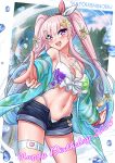  1girl absurdres airani_iofifteen airani_iofifteen_(holonatsu_paradise) artist_name bikini blue_hair breasts cleavage denim denim_shorts gradient_hair hair_ornament happy_birthday head_tilt highres hololive hololive_indonesia holonatsu_paradise katou_shinobu long_hair looking_at_viewer medium_breasts multicolored_hair navel open_mouth palm_tree pink_hair purple_eyes shorts smile solo swimsuit thigh_strap tree twintails virtual_youtuber 