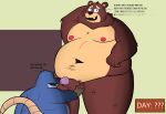  2022 anthro belly blue_body brown_body cade_(the_human_heart) duo dylan_(the_human_heart) english_text eulipotyphlan eyes_closed hi_res male mammal mole_(animal) moobs navel nipples overweight overweight_male sebboh text the_human_heart_(game) ursid video_games visual_novel 