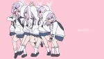  1girl arm_up atsuko&#039;s_grin_(meme) atsuko_(blue_archive) backpack bag black_shoes blue_archive blue_skirt commentary_request crying eating full_body grin halo hand_up hands_up holding_strap hood hood_up hoodie kyu-kurarin_(cevio) leg_up long_hair long_sleeves looking_to_the_side low_twintails meme miniskirt multiple_views parody pink_background pleated_skirt puffy_long_sleeves puffy_sleeves purple_hair red_eyes sanmon_illus shoes simple_background skirt sleeves_past_fingers sleeves_past_wrists smile socks solo standing standing_on_one_leg translation_request twintails v-shaped_eyebrows white_hoodie white_socks 