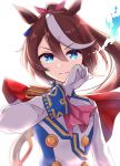  1girl absurdres animal_ears blue_eyes brown_hair buttons cape commentary double-breasted english_commentary epaulettes gold_trim highres horse_ears jacket long_hair looking_at_viewer multicolored_hair ponytail red_cape rubbing_eyes serious simple_background single_epaulette solo soramuko streaked_hair swept_bangs tearing_up tears tokai_teio_(umamusume) umamusume white_background white_hair white_jacket 