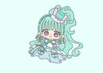  1girl absurdly_long_hair aqua_background aqua_brooch aqua_hair aqua_hairband aqua_hat aqua_shoes aqua_sleeves aqua_theme bag_bow bare_shoulders blue_bow blue_bowtie blunt_bangs bow bow_legwear bowtie brooch chibi closed_mouth clothing_cutout cure_lillian dot_nose dress dress_bow eyelashes frilled_arm_warmers frilled_dress frilled_headwear frilled_sleeves frills hairband happy hat hat_bow heart heart_brooch high_side_ponytail ichigo_usuhana jewelry light_blush long_dress long_hair looking_at_viewer magical_girl mini_hat mini_top_hat multicolored_bow nekoyashiki_mayu outstretched_arms pink_bow precure purple_eyes shoes short_sleeves shoulder_cutout sidelocks simple_background single_stripe smile solo striped_bow striped_bowtie striped_clothes striped_sleeves tareme top_hat very_long_hair waist_bag wavy_hair white_arm_warmers white_bag white_dress wonderful_precure! 