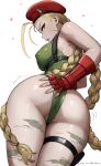  1girl absurdres aelion_draws ass blonde_hair blue_eyes braid breasts cammy_white commentary english_commentary fingerless_gloves gloves green_leotard hand_on_own_ass hat highres large_breasts leotard long_hair looking_at_viewer pouch red_gloves red_hat simple_background solo street_fighter thigh_pouch thigh_strap white_background 
