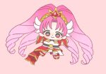  1girl absurdly_long_hair akagi_towa big_hair black_choker black_corset chibi choker closed_mouth coattails corset cure_scarlet detached_sleeves dot_nose dress drill_hair earrings eyelashes gem go!_princess_precure gold_tiara hair_ornament happy ichigo_usuhana jewelry layered_dress leg_ribbon light_blush long_dress long_hair long_sleeves looking_at_viewer magical_girl outstretched_arms parted_bangs pink_hair pointy_ears precure red_background red_dress red_eyes red_gemstone red_ribbon red_shoes red_sleeves ribbon shoes short_sleeves simple_background smile solo tareme tiara very_long_hair white_dress wide_sleeves wing_hair_ornament 