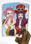  2girls bandaid belo_betty blue_eyes blue_sky blush cigarette commentary_request couchpotato_op ginny_(one_piece) gloves goggles goggles_on_head goggles_on_headwear hat_feather headphones highres holding holding_photo long_hair looking_at_viewer multiple_girls one_eye_closed one_piece open_mouth photo_(object) pink_hair purple_hair sky v-shaped_eyebrows 