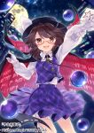  1girl black_cloak black_hat blush brown_eyes brown_hair building buttons cloak cowboy_shot gloves hat highres long_sleeves looking_at_viewer medium_hair moon night night_sky occult_ball outstretched_arm plaid_clothes plaid_skirt plaid_vest purple_skirt purple_vest quimbaya_airplane red-framed_eyewear red_cloak runes shirt skirt sky skyscraper smile solo star_(sky) starry_sky torii_sumi touhou usami_sumireko vest white_gloves white_shirt zener_card 
