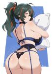 1girl ass ass_focus back black_hair blush bra breasts butt_crack garter_belt garter_straps hair_between_eyes huge_ass lace-trimmed_garter_belt lace_trim large_breasts lingerie long_hair looking_at_viewer looking_back multicolored_hair panties ponytail red_eyes red_hair streaked_hair thick_thighs thighs underwear underwear_only vizaz zenless_zone_zero zhu_yuan 