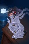  1girl black_hair blue_eyes bodysuit breasts full_moon hair_between_eyes hair_ornament highres holding holding_torpedo kantai_collection large_breasts latex latex_bodysuit mask moon mouth_mask night night_sky outdoors riretsuto scarf sendai_(kancolle) sendai_kai_ni_(kancolle) skin_tight sky solo torpedo two_side_up white_bodysuit white_mask white_scarf 