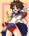  1girl blue_sailor_collar blue_skirt brown_hair buruma buruma_under_skirt clothes_lift fingerless_gloves fjt_(fjym2) gloves headband kasugano_sakura looking_at_viewer lowres midriff_peek neckerchief open_mouth pleated_skirt red_buruma red_gloves ribbon sailor_collar school_uniform serafuku shirt short_hair skirt skirt_lift solo standing street_fighter white_headband white_ribbon white_shirt yellow_neckerchief 