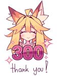  1girl :&gt; ^_^ ahoge animal_ear_fluff animal_ears blonde_hair closed_eyes double-parted_bangs english_commentary fox_ears fox_girl hair_between_eyes kazumiskill long_hair original sidelocks simple_background smile solo sparkle thank_you thick_eyebrows white_background 