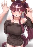  1girl 1other absurdres against_wall animal_ears brown_sweater collarbone earrings highres horse_ears horse_girl horse_tail jewelry kabedon long_hair looking_at_viewer lucky_lilac_(umamusume) menchi_rishio off-shoulder_sweater off_shoulder open_mouth pov purple_hair side_ponytail smile solo_focus star_(symbol) star_earrings sweater tail umamusume 