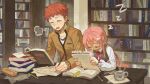  1boy 1girl artist_request book book_stack bookshelf cafe closed_eyes coffee coffee_mug commission cup disposable_coffee_cup disposable_cup emiya_shirou fate/stay_night fate_(series) gaoyue_jixiang highres homurabara_academy_school_uniform library momomiya_shizuku_(gaoyue_jixiang) mug oc_x_canon open_book original pink_hair red_hair saucer school_uniform second-party_source sleeping too_many too_many_books zzz 