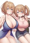  2girls absurdres bangs bare_arms bare_shoulders belt black_choker blue_eyes blush breasts brown_belt brown_hair character_request chloe_(princess_connect!) choker cleavage closed_mouth collarbone commentary_request eyebrows_visible_through_hair green_eyes highres jewelry kannko_bokujou large_breasts long_hair long_sleeves multiple_girls navel necklace parted_lips pink_shirt princess_connect! shirt short_shorts shorts sitting sleeveless smile teeth thighs twintails white_background 