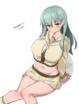  1girl absurdres aqua_hair breasts cosplay dated dress feet_out_of_frame green_eyes grey_sailor_collar grey_shirt grey_skirt highres kantai_collection large_breasts long_hair maru_(marg0613) midriff neckerchief one-hour_drawing_challenge ooi_(kancolle) ooi_(kancolle)_(cosplay) ooi_kai_ni_(kancolle) ooi_kai_ni_(kancolle)_(cosplay) pleated_dress sailor_collar sailor_shirt shirt simple_background skirt solo suzuya_(kancolle) twitter_username white_background white_neckerchief 
