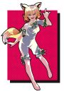  1girl animal_ears blonde_hair fangs fox_ears fox_girl fox_shadow_puppet fox_tail green_ribbon hair_between_eyes highres kudamaki_tsukasa looking_at_viewer open_mouth ribbon romper shizuku_hky short_hair short_sleeves simple_background sleeve_ribbon smile solo tail touhou white_romper yellow_eyes 