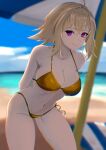  1girl absurdres ahoge arms_behind_back artist_name beach_umbrella bikini blonde_hair blurry blurry_background breasts chromatic_aberration cleavage closed_mouth collarbone commentary english_commentary faron full_body gold_bikini hair_flaps hair_intakes highleg highleg_bikini highres large_breasts navel ocean outdoors purple_eyes sand seiza short_hair side-tie_bikini_bottom sidelocks sitting smile solo striped_umbrella swimsuit umbrella urotsuki water yume_2kki 