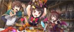  1boy 2girls :d arm_belt arm_garter armpit_crease armpits arms_up bell belt belt_buckle black_dress black_gloves bow bowtie breasts brown_belt brown_hair bucket buckle candy cape cat_tail child cooking demon_horns demon_tail demon_wings dress elbow_gloves fake_horns fake_tail fake_wings fingerless_gloves food frilled_dress frills game_cg gloves green_cape green_eyes hair_ornament hairpin halloween halloween_bucket halloween_costume highres holding holding_bucket horns indoors jingle_bell kitchen komekko kono_subarashii_sekai_ni_shukufuku_wo! konosuba!_fantastic_days lollipop long_sleeves looking_at_another matching_outfits megumin multiple_girls official_alternate_costume official_art open_mouth orange_dress outstretched_arms purple_bow red_bow red_bowtie red_eyes satou_kazuma shirt short_hair short_hair_with_long_locks short_twintails siblings sidelocks sisters sleeveless sleeveless_dress small_breasts smile sparkle star_(symbol) star_hair_ornament strapless strapless_dress swirl_lollipop tail tail_bow tail_ornament twintails two-tone_dress white_shirt wide-eyed wings wispy_bangs 