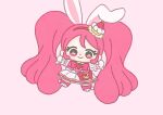  1girl absurdly_long_hair animal_ears animal_shoes big_hair boots bow bow_skirt bowtie brooch cake chibi closed_mouth cure_whip dot_nose earrings extra_ears eyelashes floppy_ears food food-themed_clothes food_print frilled_skirt frilled_sleeves frills fruit fruit_print gloves hairband happy high-waist_skirt ichigo_usuhana jewelry kirakira_precure_a_la_mode knee_boots layered_skirt light_blush long_hair magical_girl miniskirt outstretched_arms pink_background pink_bag pink_boots pink_bow pink_bowtie pink_eyes pink_hair pink_vest pom_pom_(clothes) pom_pom_earrings precure puffy_short_sleeves puffy_sleeves rabbit_ears rabbit_girl red_bow red_hairband shirt short_sleeves simple_background skirt smile solo strawberry strawberry_brooch strawberry_print strawberry_shortcake tareme twintails two-tone_bag usami_ichika very_long_hair vest white_gloves white_shirt white_skirt yellow_background yellow_skirt 