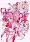  2girls bishoujo_senshi_sailor_moon bishoujo_senshi_sailor_moon_supers blonde_hair blue_eyes blue_sailor_collar bow brooch chibi_usa choker cone_hair_bun crisis_moon_compact crystal_carillon double_bun elbow_gloves gloves hair_bun hair_ornament heart heart_brooch heart_choker highres hn_sit jewelry kaleidomoon_scope long_hair multicolored_skirt multiple_girls pink_brooch pink_hair pink_sailor_collar red_bow sailor_chibi_moon sailor_collar sailor_moon skirt super_sailor_chibi_moon super_sailor_moon tsukino_usagi twintails white_gloves 