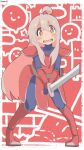  1girl ahoge alternate_costume armor bambi2000line black_bodystocking blush broken broken_sword broken_weapon brown_eyes colored_inner_hair commentary dot_nose faulds full_body greaves grey_hair hair_between_eyes highres holding holding_sword holding_weapon legs_apart long_hair looking_at_viewer multicolored_hair onii-chan_wa_oshimai! open_mouth oyama_mahiro pauldrons pink_hair red_armor shoulder_armor solo standing sword two-tone_hair vambraces very_long_hair wavy_mouth weapon 