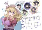  2girls :d absurdres before_and_after black_capelet black_hat blonde_hair blush book brown_eyes brown_hair calendar_(object) capelet dateless_bar_&quot;old_adam&quot; diary emphasis_lines ghostly_field_club hat highres holding holding_book holding_pen image_in_speech_bubble long_hair magical_astronomy maribel_hearn medium_hair minus_(sr_mineka) mob_cap multiple_girls multiple_views necktie pen pen_to_mouth pink_shirt purple_eyes purple_skirt red_necktie shirt skirt smile taboo_japan_disentanglement thinking touhou trojan_green_asteroid usami_renko white_hat white_shirt 