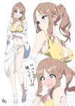  1girl bang_dream! bang_dream!_it&#039;s_mygo!!!!! bikini blue_eyes blush breasts brown_hair cleavage commentary embarrassed highres large_breasts long_hair nagasaki_soyo navel open_mouth ora_(oraora_oekaki) sidelocks simple_background stomach swimsuit translation_request white_background yellow_bikini 