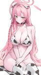  1girl absurdres ahoge animal_ear_hairband animal_ears animal_print bare_shoulders bikini black_choker blue_archive blush bow braid breasts choker cleavage closed_mouth collarbone commentary_request cow_ear_hairband cow_ears cow_horns cow_print cow_print_bikini cow_print_thighhighs fake_animal_ears green_eyes groin hair_bow hairband halo hanako_(blue_archive) highres horns huge_breasts long_hair navel nephthys2356 no_panties pink_hair pink_halo print_bikini print_thighhighs simple_background sitting solo stomach swimsuit thighhighs thighs white_background white_bikini white_bow white_horns white_thighhighs yokozuwari 