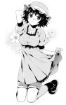  1girl arm_up arms_up black_hair black_sash blush bow breasts closed_mouth clothes_lift dress dress_lift full_body greyscale hat ikuhashi_muiko kneeling looking_at_viewer medium_breasts monochrome puffy_short_sleeves puffy_sleeves sash shiina_mayuri shoes short_hair short_sleeves shorts shorts_under_skirt simple_background skirt skirt_lift smile solo steins;gate waist_sash white_background 
