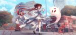  1girl absurdres argentrt boo_tao_(genshin_impact) brown_hair brown_hat brown_shoes building capelet cloud cloudy_sky dress floating_clothes floating_hair flower flower-shaped_pupils frills full_body genshin_impact ghost hat highres holding holding_flower hu_tao_(genshin_impact) kneehighs long_hair looking_at_viewer open_mouth outdoors red_eyes shoes sky socks spider_lily symbol-shaped_pupils twintails very_long_hair white_capelet white_dress white_flower white_socks 