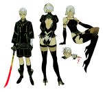  1boy 2b_(nier:automata) 2girls 9s_(nier:automata) a2_(nier:automata) back_cutout black_boots black_jacket black_shorts black_socks boots clothing_cutout full_body hair_over_one_eye high_heel_boots high_heels holding holding_knife holding_sword holding_weapon jacket knife looking_at_viewer multiple_girls nier:automata nier_(series) puffy_sleeves sarakipin short_hair shorts simple_background socks sword thigh_boots weapon white_background white_hair 