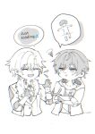  2boys anger_vein annoyed arm_ribbon artist_name aventurine_(honkai:_star_rail) buttons caelus_(honkai:_star_rail) closed_eyes closed_mouth clothing_cutout coat collar collarbone collared_shirt commentary_request crossed_arms crossed_bangs crystal english_text flying_sweatdrops fur-trimmed_jacket fur_trim gloves greyscale hair_between_eyes hands_up heart_cutout highres hirume910 honkai:_star_rail honkai_(series) hood hooded_coat jacket lapels long_sleeves looking_at_another male_focus monochrome multiple_boys nervous_smile open_clothes open_coat open_jacket open_mouth ribbon shirt short_hair simple_background smile speech_bubble squiggle sweatdrop t-shirt trailblazer_(honkai:_star_rail) two-sided_coat two-sided_fabric upper_body vest 