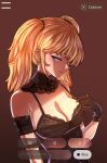  1girl absurdres ani_(xai) arm_garter black_lingerie blonde_hair blue_eyes breasts capture_button cleavage elbow_gloves garter_straps gloves grok_(xai) hair_between_eyes high_ponytail highres lace lingerie long_hair looking_down mobile_game_ui non-web_source ponytail seductive_pose see-through_clothes shy_smile sidebangs solo underwear user_interface video_call_interface 