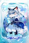  1boy androgynous animal_ears animal_hands aquarius_(symbol) aquarius_(zodiac) bishounen black_boots blue_cape blue_coat blue_eyes boots braid caesar_(fluffy_land) cape chibi chibi_only chibikemo coat commentary digitigrade earrings english_commentary fluffy fluffy_land furry furry_male highres holding jewelry kikugawa_ru male_focus official_art ouji_fashion pants second-party_source single_earring solo tail white_pants wolf_boy wolf_ears wolf_tail zodiac 