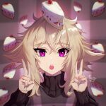  1girl absurdres artist_name black_sweater blonde_hair cake cake_on_head cake_slice chromatic_aberration commentary double_v english_commentary faron food food-themed_background food_on_head grey_sweater_vest hair_flaps highres looking_at_viewer messy_hair object_on_head open_mouth plaid_background plaid_clothes plaid_sweater_vest portrait purple_eyes short_hair sidelocks solo sweater sweater_vest teeth turtleneck turtleneck_sweater upper_teeth_only urotsuki v yume_2kki 