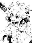  1girl antenna_hair arm_rest artist_name braid chair commentary crosshatching double-parted_bangs english_commentary eudetenis facial_mark fang fingernails greyscale hair_between_eyes hair_over_shoulder hand_up hatching_(texture) head_tilt headphones highres horns linear_hatching long_hair long_sleeves looking_at_viewer microphone monochrome office_chair on_chair open_mouth original puffy_long_sleeves puffy_sleeves simple_background sitting solo sweater swivel_chair upper_body weizen_(eudetenis) white_background 