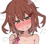  1girl after_sex ame_(amechan17391739) areola_slip blush brown_eyes brown_hair condom fang full-face_blush hair_between_eyes ikazuchi_(kancolle) kantai_collection medium_hair simple_background sketch smile sweat used_condom white_background 