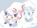  :3 :d alolan_vulpix animal animal_focus blue_eyes commentary_request fangs fox hisuian_zorua kana_(maple926) no_humans open_mouth pokemon shadow skin_fangs smile snow thick_eyebrows toes yellow_eyes 