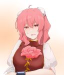  1girl ahoge bun_cover cardigan cuffs double_bun hair_bun highres horten491908 ibaraki_kasen looking_at_viewer medium_hair open_mouth orange_background pink_cardigan pink_eyes pink_hair shackles short_hair short_sleeves solo sweatdrop touhou upper_body 
