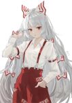  1girl bow collared_shirt cowboy_shot fujiwara_no_mokou hair_bow hand_in_own_hair hand_in_pocket highres long_hair long_sleeves looking_at_viewer multiple_hair_bows pants parted_lips red_eyes red_pants shijiu_(shizuoxing) shirt simple_background solo suspenders touhou very_long_hair white_background white_bow white_hair white_shirt 