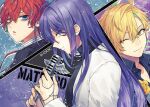  3boys ;) ahoge aqua_eyes aqua_hair bags_under_eyes black_jacket black_shirt blonde_hair blue_background blue_eyes boutonniere collared_shirt cowlick cross cross_necklace curtained_hair flower green_hair group_name hair_between_eyes holding holding_jewelry holding_microphone holding_necklace hypnosis_mic hypnosis_microphone izanami_hifumi jacket jewelry jinguji_jakurai kannonzaka_doppo lab_coat lanyard long_hair long_sleeves looking_at_viewer looking_back male_focus matenro_(hypnosis_mic) microphone mono_(miso_kuronowish) multicolored_hair multiple_boys necklace one_eye_closed open_collar parted_lips portrait profile purple_background purple_hair red_hair rose shirt short_hair sideways_glance smile split_screen streaked_hair striped_clothes striped_shirt turtleneck turtleneck_shirt unworn_jewelry unworn_necklace upper_body vintage_microphone white_shirt yellow_eyes yellow_flower yellow_rose 