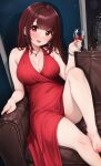  1girl absurdres barefoot breasts cleavage commentary comodox couch cup dress drinking_glass earrings english_commentary highres holding holding_cup indoors jewelry large_breasts lilly_(comodox) long_hair looking_at_viewer mature_female nail_polish necklace on_couch open_mouth original paid_reward_available red_dress red_eyes red_hair red_nails sitting solo toes wine_glass 