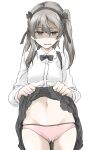  1girl bangs black_bow black_bowtie black_skirt bow bowtie brown_eyes casual clothes_lift collared_shirt commentary crotch_seam disgust elf_(stroll_in_the_woods) frown girls_und_panzer glaring half-closed_eyes high-waist_skirt highres iya_na_kao_sare_nagara_opantsu_misete_moraitai lifted_by_self light_brown_hair long_hair long_sleeves looking_at_viewer navel one_side_up open_mouth panties pink_panties shaded_face shimada_arisu shirt shirt_lift simple_background skirt skirt_lift solo standing suspender_skirt suspenders textless underwear white_background white_shirt 