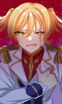  +_+ 1girl blonde_hair blood blood_from_eyes blood_on_face commentary_request daiba_nana epaulettes fingernails gradient_background green_eyes green_ribbon grey_background hair_between_eyes hair_ribbon hand_on_own_chest hand_up highres jacket kamikawa_celery long_sleeves lower_teeth_only official_alternate_costume open_mouth orange_pupils red_background red_shirt ribbon shirt short_hair short_twintails shoujo_kageki_revue_starlight solo sparkle_background teeth twintails uneven_eyes upper_body white_jacket 