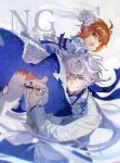  1boy 1girl alternate_costume alternate_hairstyle blue_ribbon bow bowtie carrying carrying_person commentary_request d: dress fate/grand_order fate_(series) floating_hair flower formal_clothes fujimaru_ritsuka_(female) garter_straps hair_bun hair_flower hair_ornament hair_up hanako_(onikutabetaiyo) hands_on_another&#039;s_thighs hetero holster looking_back merlin_(fate) open_mouth orange_eyes orange_hair pointy_ears red_eyes ribbon suit teeth thigh_holster thighhighs veil watermark white_bow white_bowtie white_dress white_hair white_suit white_thighhighs 