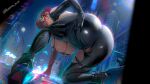  1girl ass bikini black_bikini black_hair black_shoes breasts camel commentary covered_nipples english_commentary hair_ornament hairclip hand_on_own_hip high_heels highres housou-kun jewelry key kneeling large_breasts looking_at_viewer necklace night original outdoors pink_eyes shoes short_hair skindentation solo swimsuit x_hair_ornament 