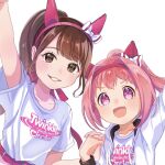  2girls :d animal_ears blush breasts brown_eyes brown_hair character_request collarbone commentary_request ear_covers flower-shaped_pupils haru_urara_(umamusume) headband highres holding_hands horse_ears horse_girl jacket long_hair long_sleeves looking_at_viewer moko39_takasora multiple_girls open_clothes open_jacket open_mouth outstretched_arms parted_lips pink_eyes pink_hair pink_headband print_shirt shirt short_sleeves simple_background small_breasts smile symbol-shaped_pupils umamusume upper_body white_background white_shirt 